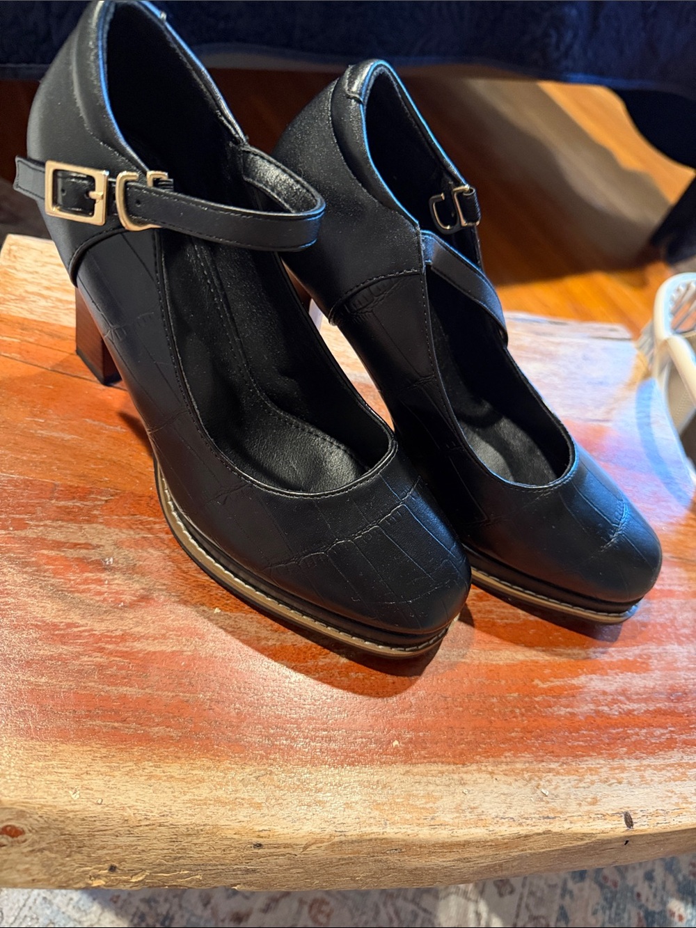 Black Mary Jane Block Heels with Buckle Strap